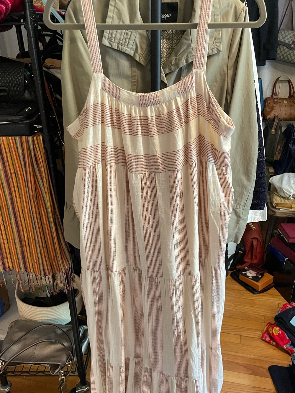 Laude the Label Tiered Cotton Dress Cream Rust Stripe Midi L - Picture 3 of 8